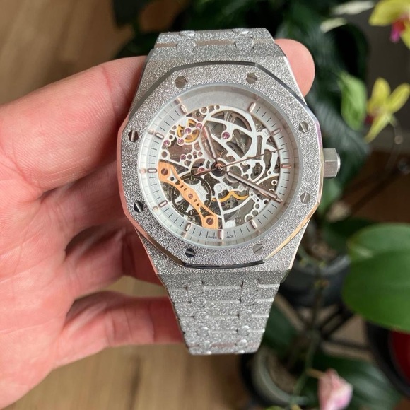 Silver Skeleton Watch automatic stainless steel frosted